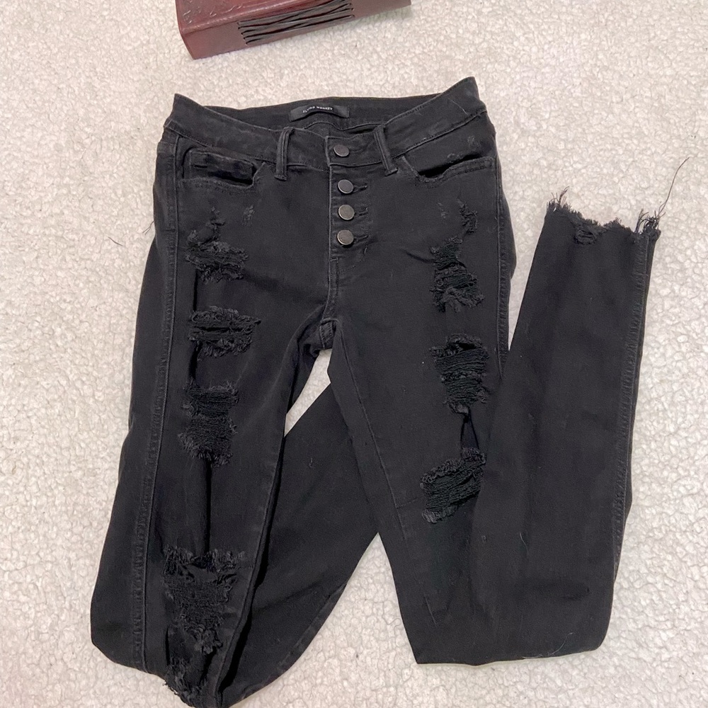 Flying monkey 26/31 black super distressed denim jeans holes euc